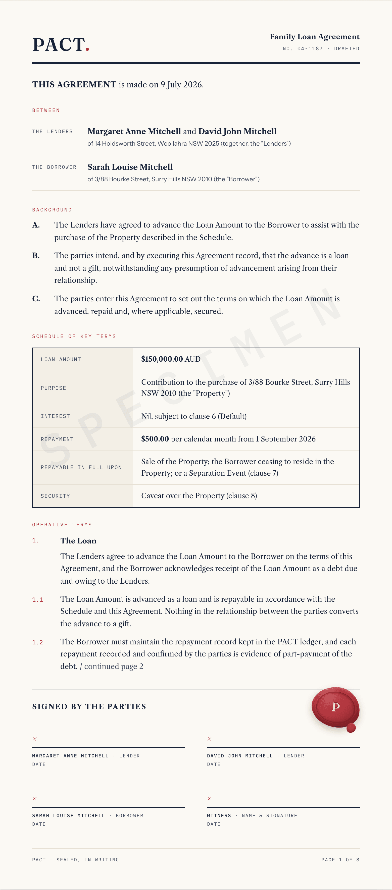 A PACT Family Loan Agreement — masthead, parties and schedule of key terms